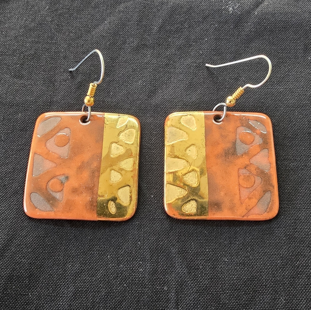 Vintage 1980s Tribal Style Copper and Gold-tone Ceramic Earrings
